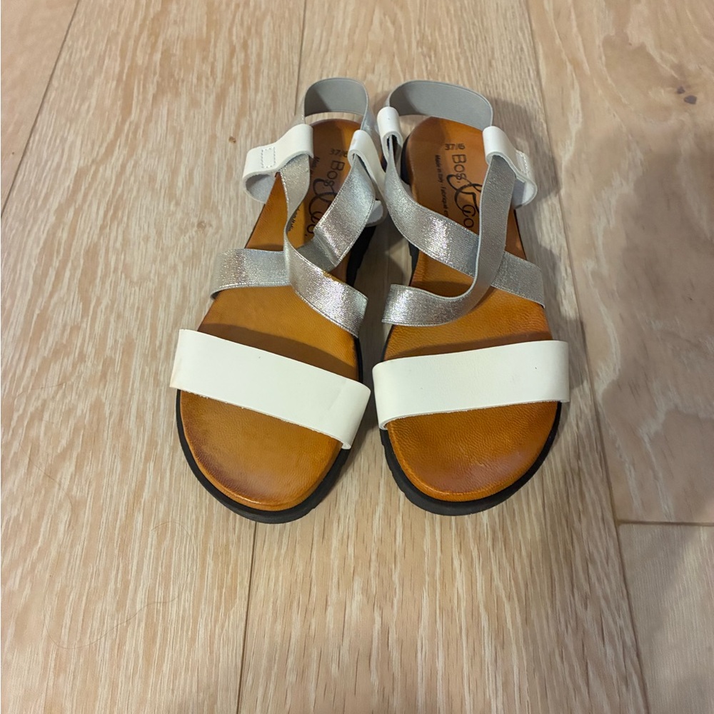 Bos. & Co. White and Metallic Silver Strappy Sandals